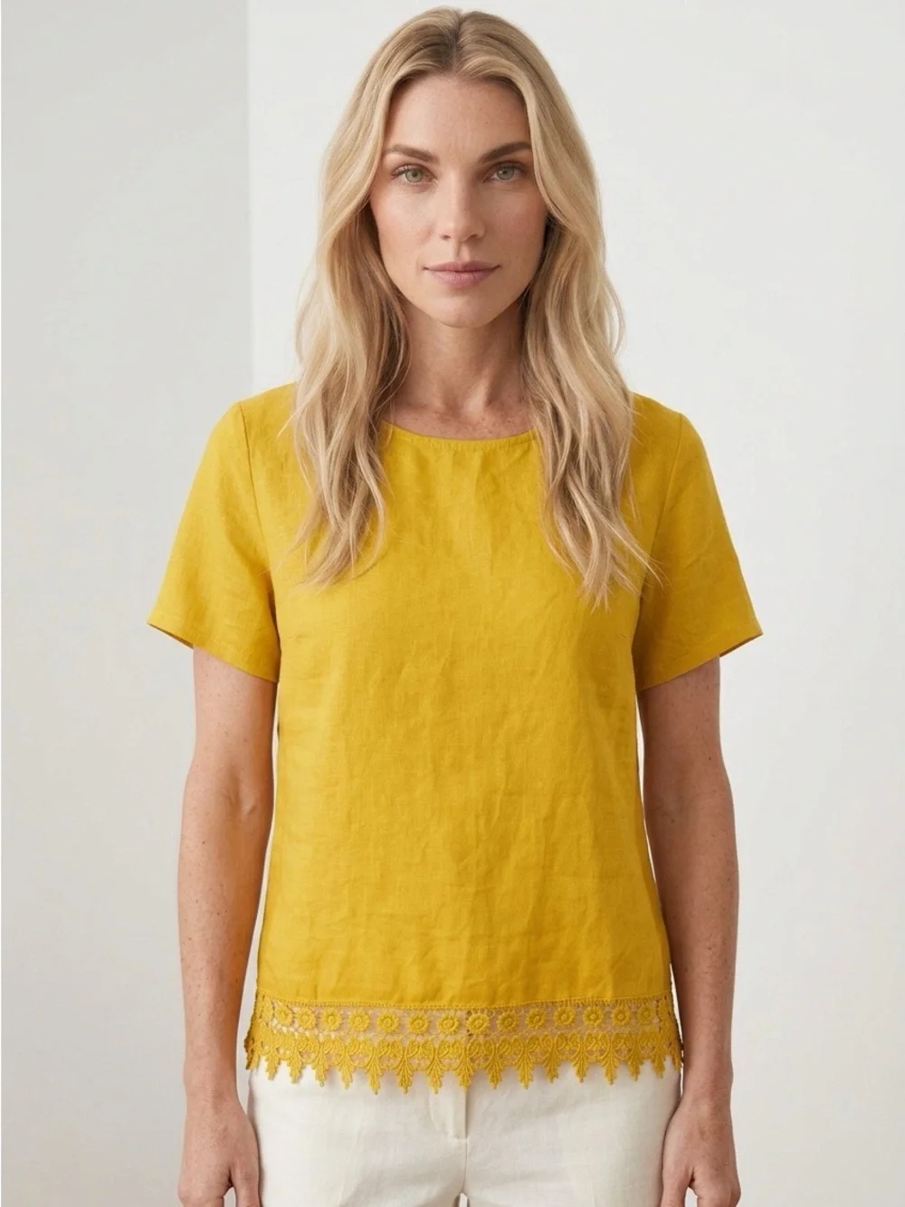 Terzo Millennio Linen Mustard Short-Sleeve Lace-Hem Top Size Small